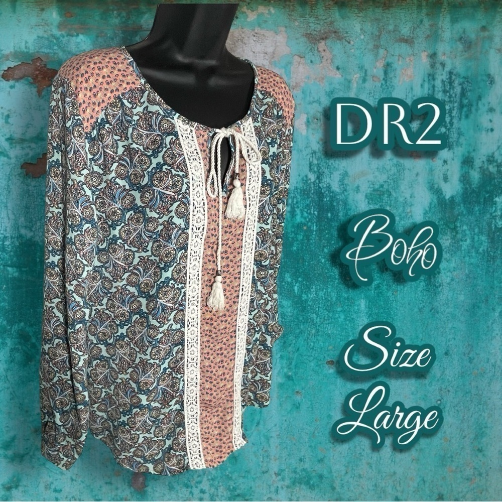 DR2 Women’s Paisley Colorful Bohemian Blouse Size Large pink / mint green